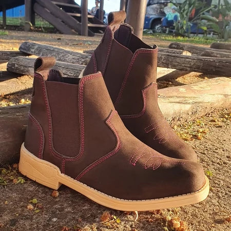 Botina Chelsea Country Feminina Em Couro Cano Curto Bordada Macia Trabalho
